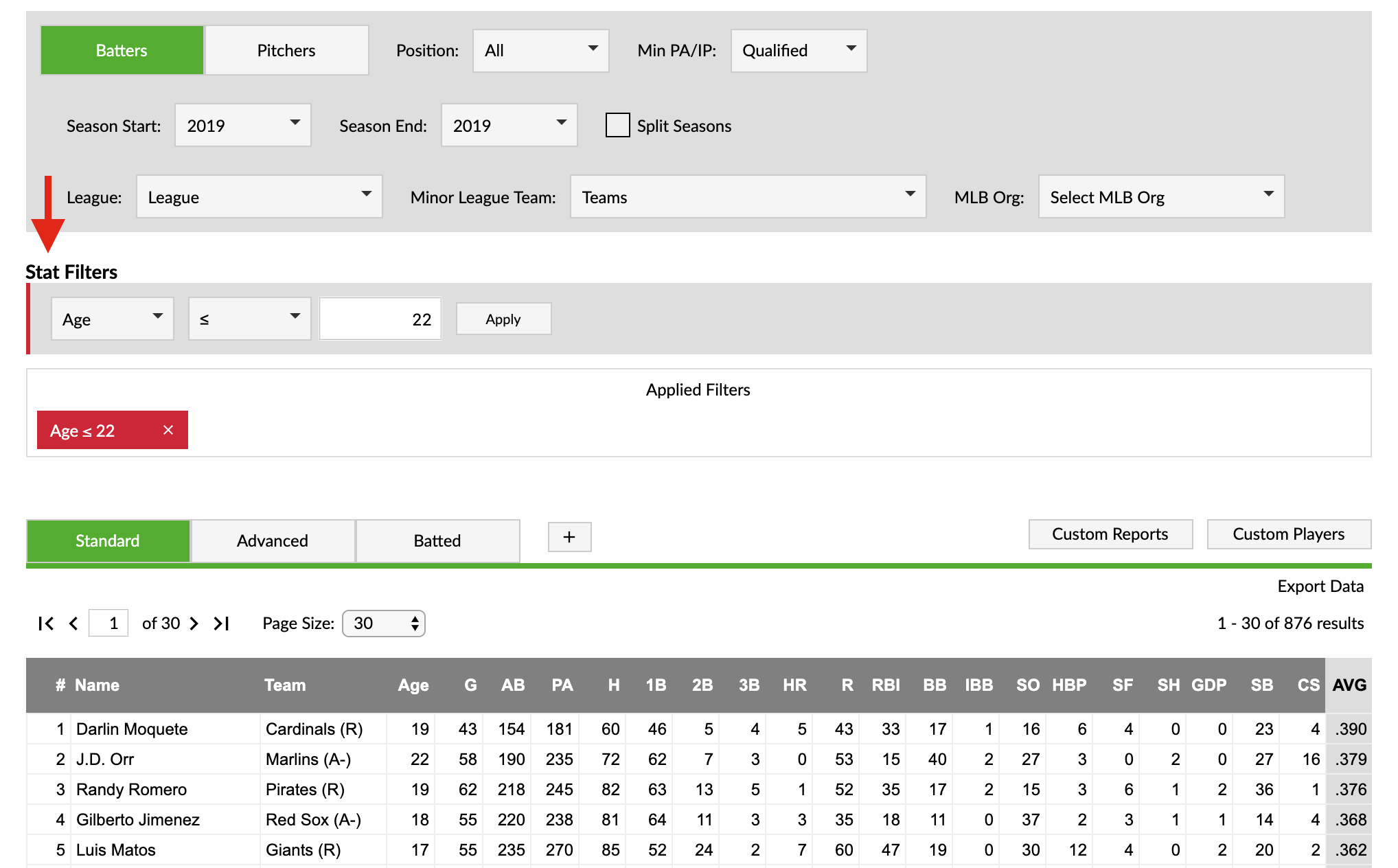 Minor League Leaderboard Filter Screen Shot