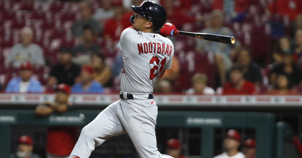 Lars Nootbaar of the St. Louis Cardinals reacts to a called strike during  the second inning against the Seattle Mariners at T-Mobile Park on Friday,  April 21, 2023, in Seattle.