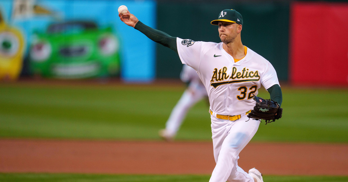 Oakland Athletics relief pitcher Zach Jackson throws to the Texas