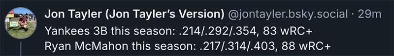 Yankees 3B this season: .214/.292/.354, 83 wRC+
Ryan McMahon this season: .217/.314/.403, 88 wRC+