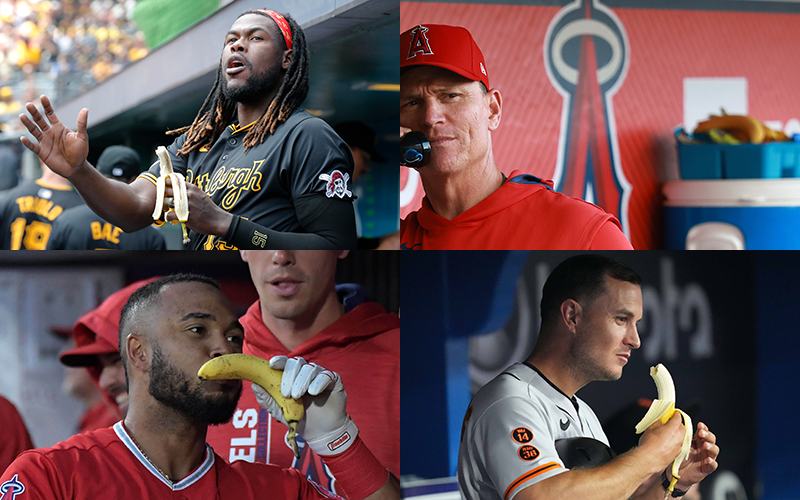 Two pictures of players eating bananas in the dugout, one picture of a player sniffing a banana in the dugout, and one picture of a coach in the dugout making a call to the bullpen. On top of a water cooler behind him sits a snack tray with bananas at the top.