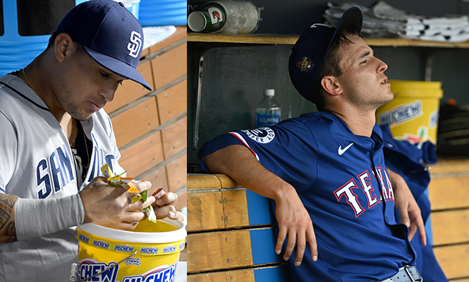 Left: Orlando-Arcia sitting on the Tampa Bay bench, leaning intently over a big pail of Hi-Chew, with like 15 candies in his fist.
Right: Jack-Leiter slumped back against the dugout bench in exhaustion. He's wearing a road Rangers uniform. There's a pail of Hi-Chew behind his head.