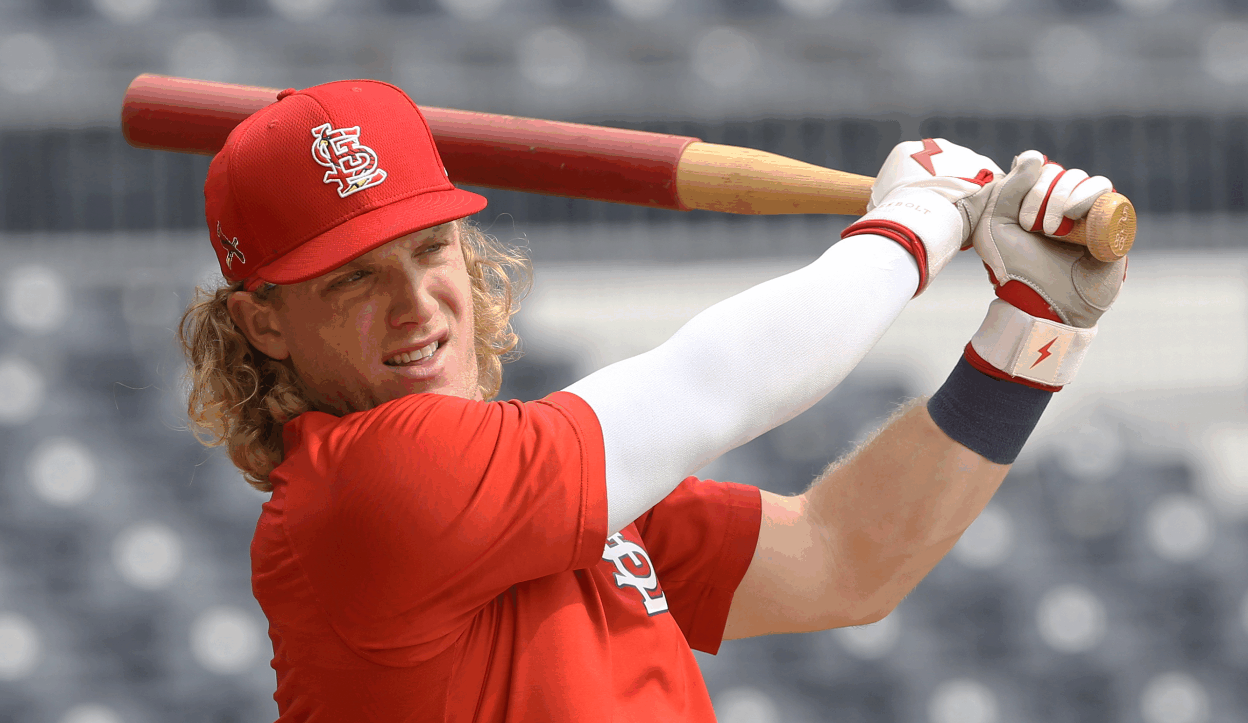 Harrison-Bader, back in his Cardinals days, swinging one of those big red heavy bats to warm up.
